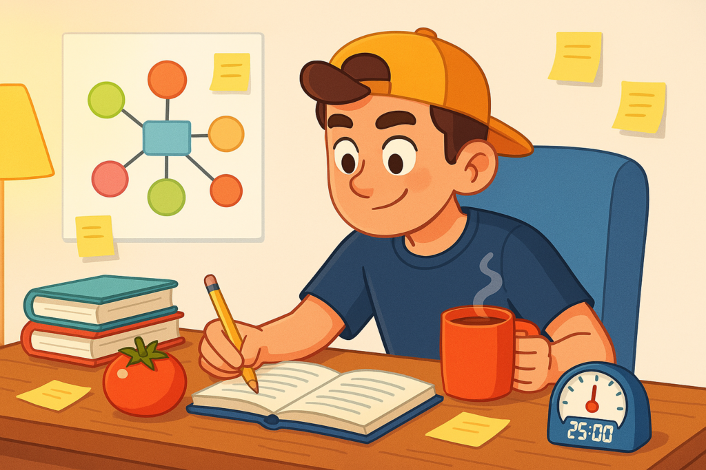 Opositor estudiando con un temporizador de 25 minutos para la técnica Pomodoro