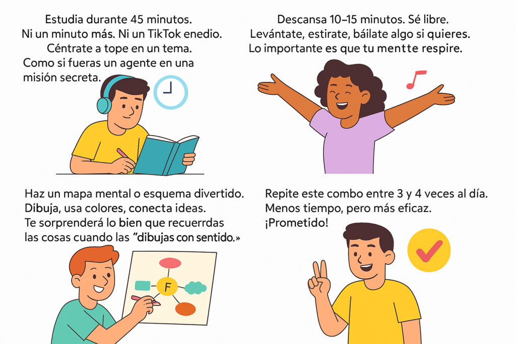 Rutina por módulos: estudiar 45 minutos, descansar, elaborar un esquema y repetir