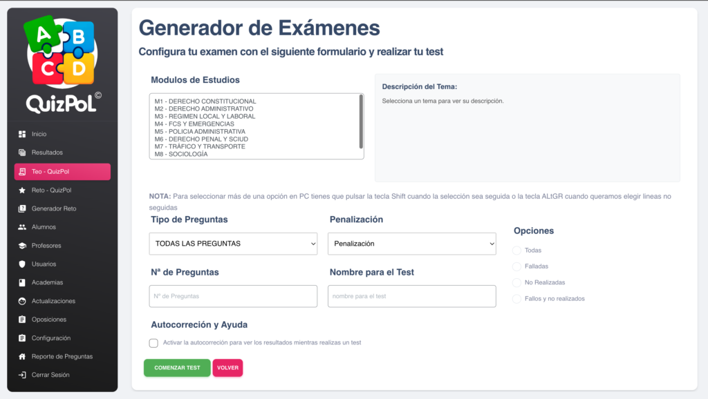 Generador de exámenes de QuizPoL con selección de módulos, tipo y número de preguntas